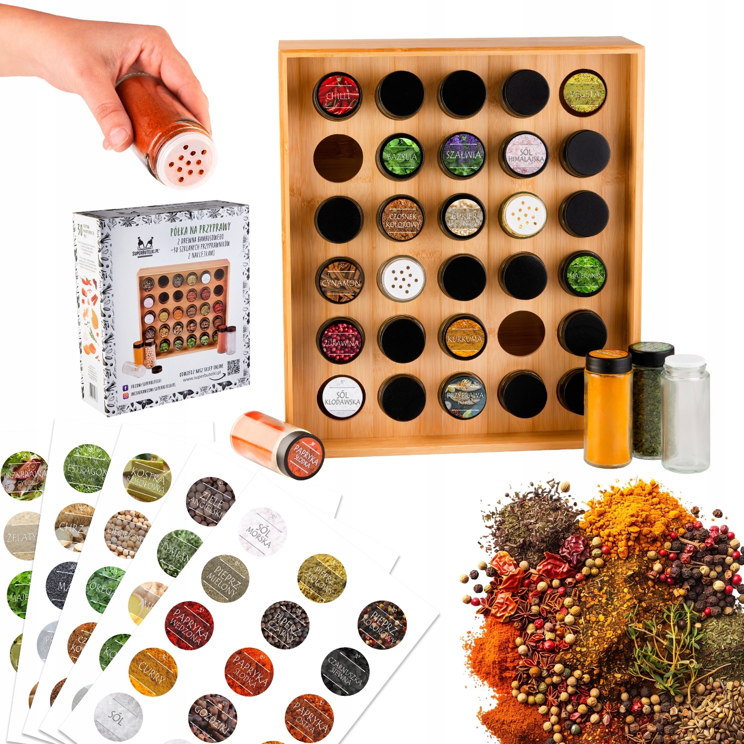 Stojan Na Koření organizér bambus Skleněné Skleničky 30x Samolepky 75x