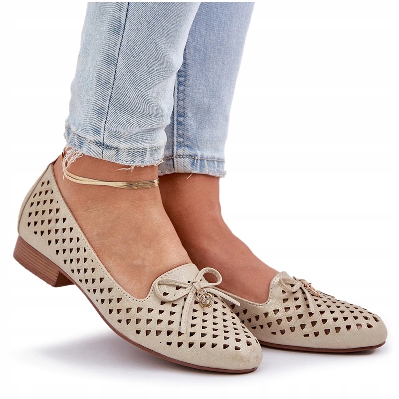 Prolamované Baleríny Eko Kůže Plochý Podpatek Mašlička Elegantní Zlaté 36