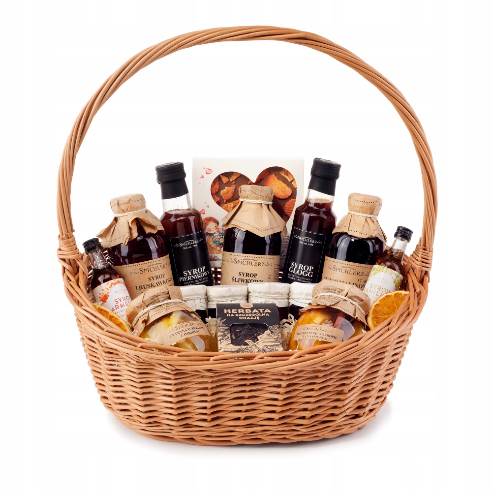 Levně Proutěný koš Dárek sladkosti čaj sirupy k narozeninám výročí svatby