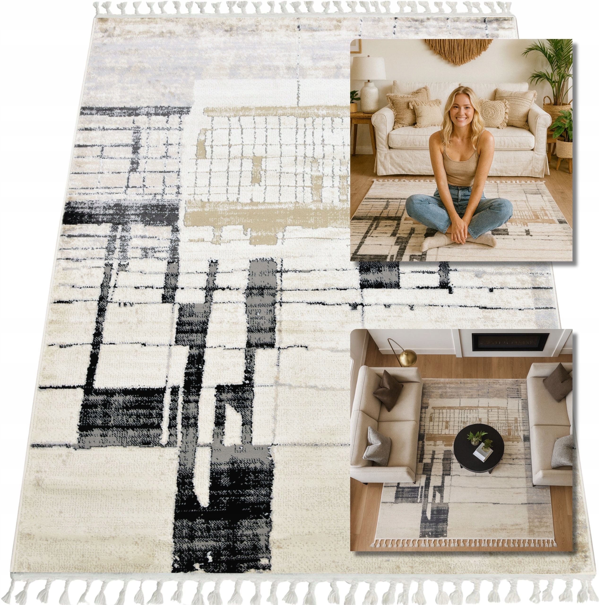 Krémový Turecký Koberec Shaggy Ankona Koberce Do Obývacího Pokoje Boho Loft 120x170