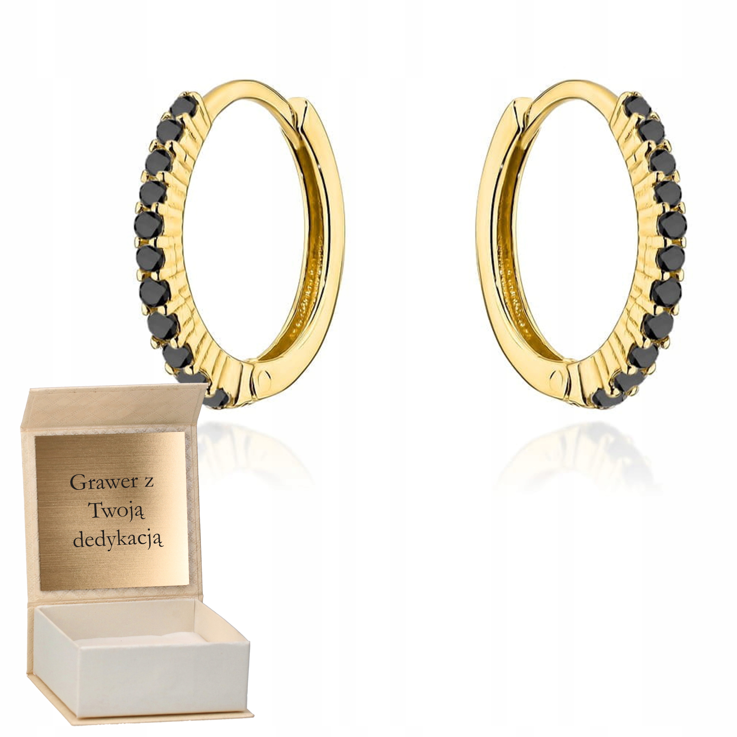 Zlaté náušnice s černými kameny na kreolu zlato ryzost 585 Gravírování