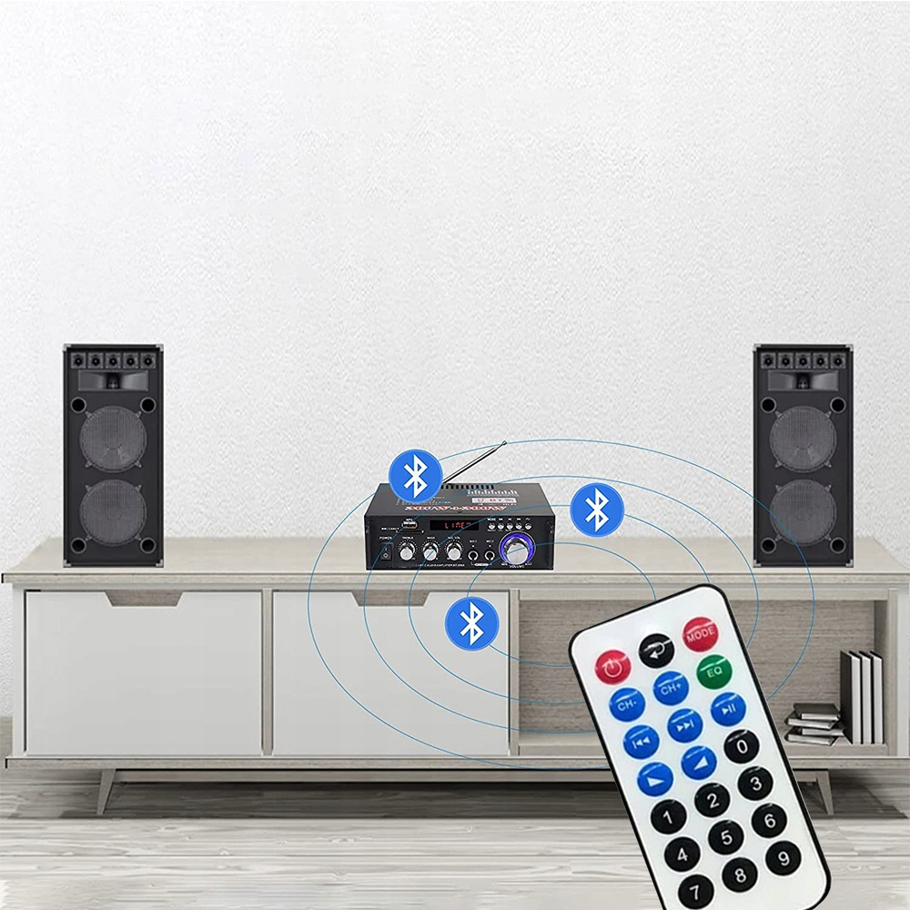 Mini zesilovač do auta Bluetooth Usb Fm pro Auto Camper Přenosný dálkový ovladač