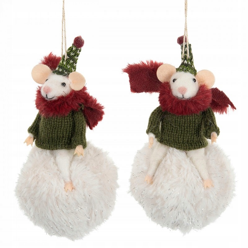Koule Vánoční Přívěsek Myš 2 ks Vlněná Bílá Vánoce
