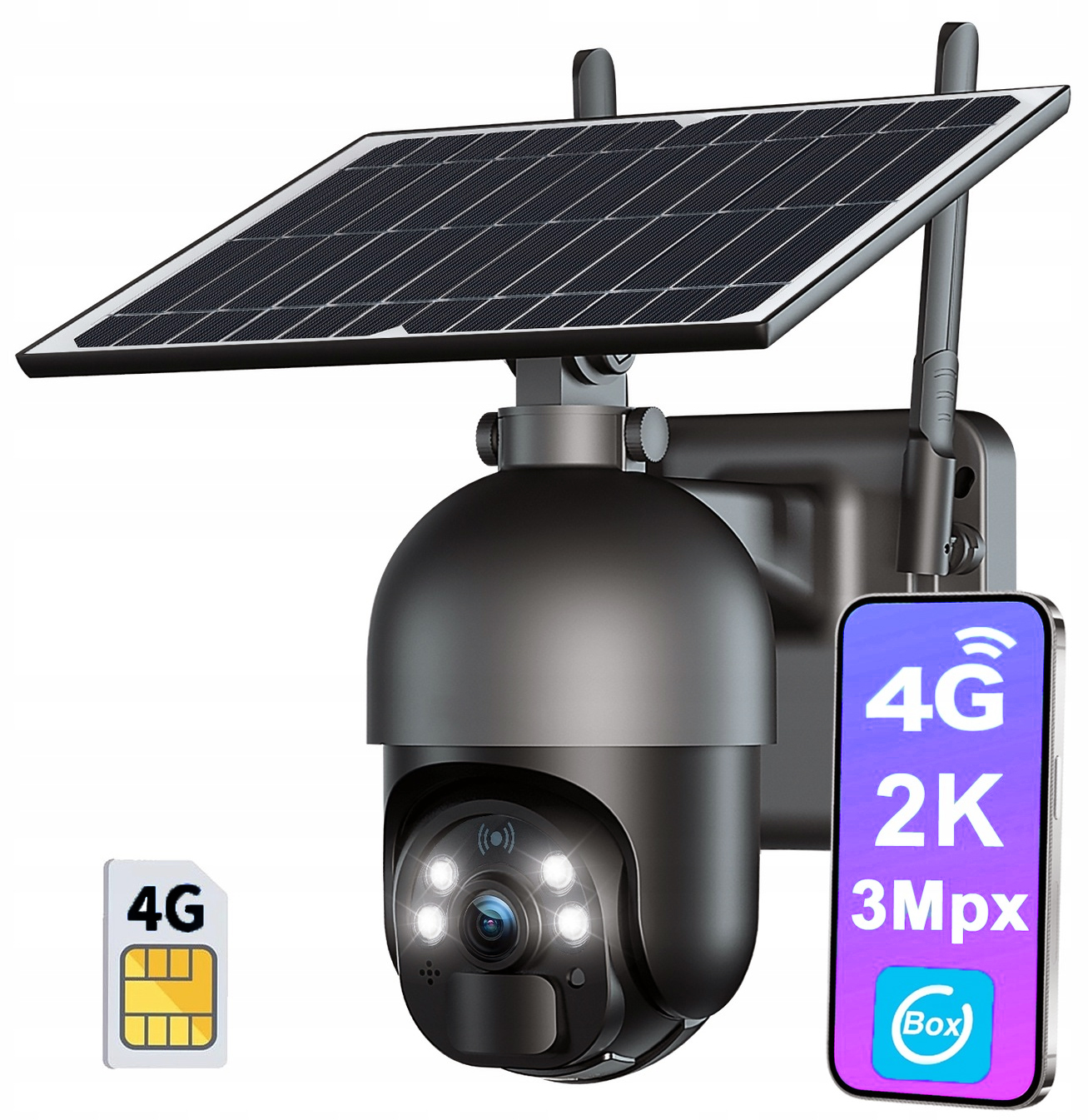 Kamera Solarna Zewnętrzna Obrotowa Na Kartę Sim 4G Lte Gsm 2K 3MP Z Kartą