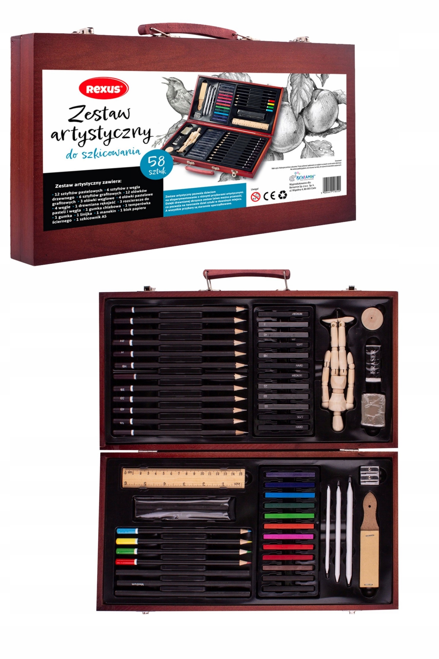 Zestaw artystyczny do szkicowania w drewnianej walizce 58el Rexus