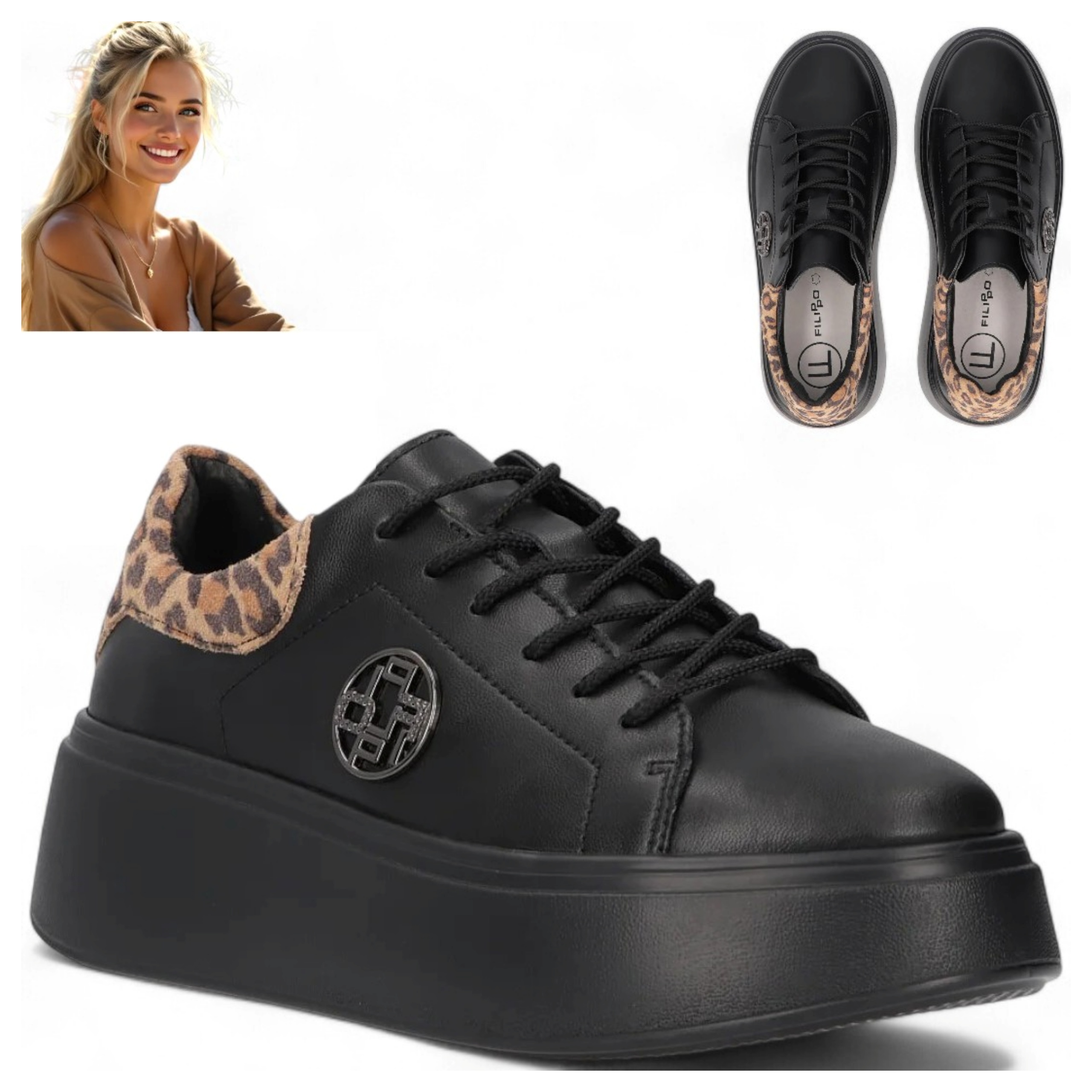 Dámské kožené polobotky 39 Filippo Pohodlné tenisky na platformě, černé