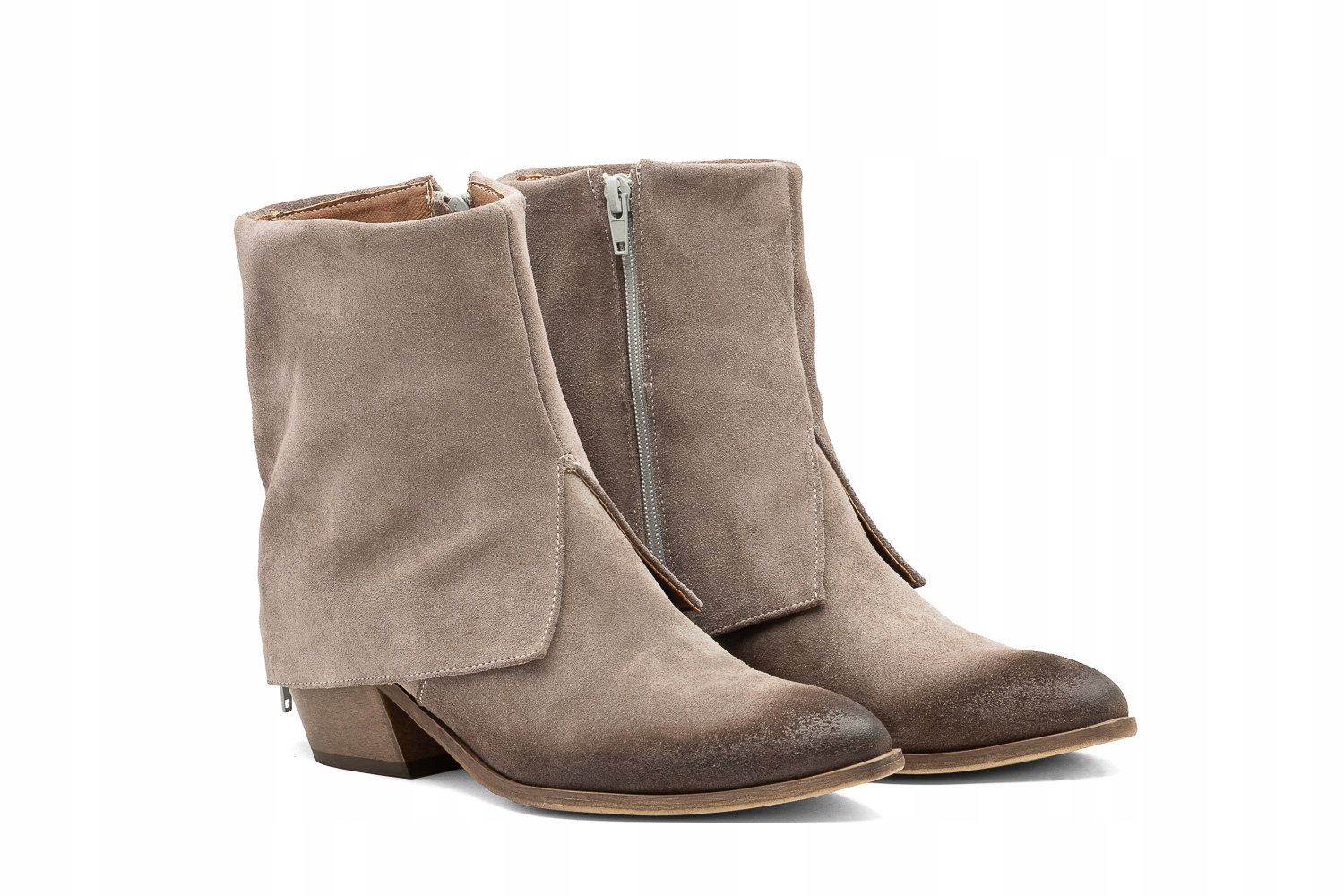 Semišové kotníkové boty s rolovacím svrškem, kožené, taupe, přetíratelné, 37