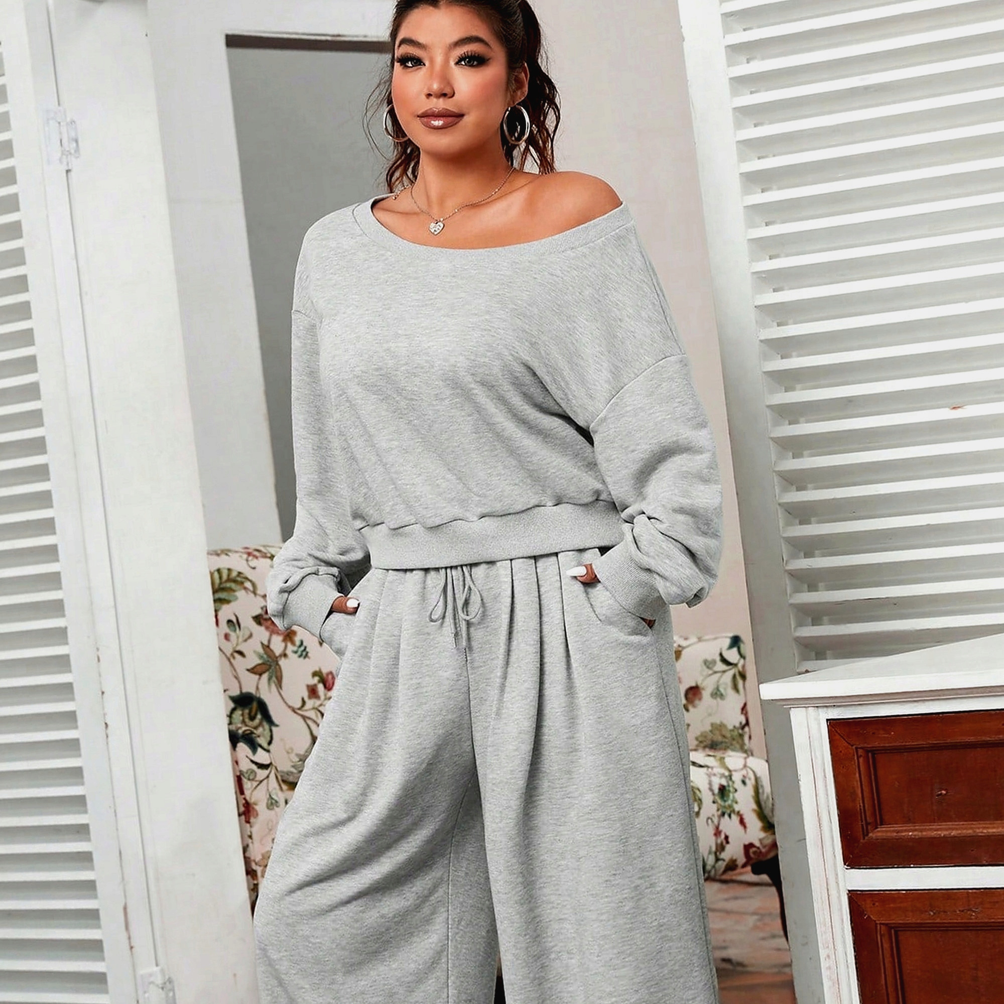 Teplákovka Dámský Grafitový komplet Wide Leg Lehký Volný Na Každý Den XXL 44