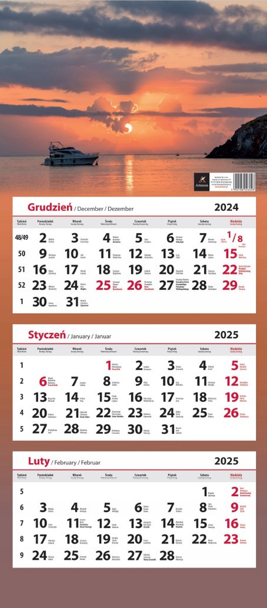 Kalendarz ścienny TRÓJDZIELNY zachód słońca 2025