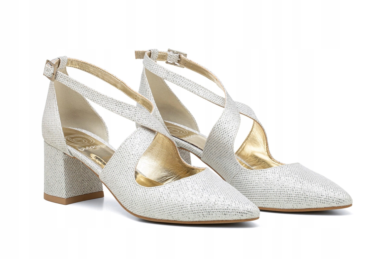 svatební nízké boty s páskem a stříbrným brokátem na podpatku Alba 35