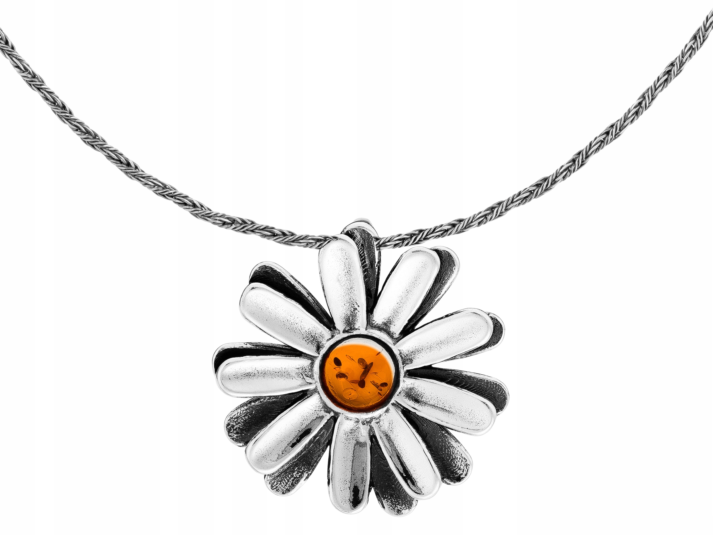 Krátký stříbrný dámský náhrdelník s velkým květem sedmikrásky a jantarem Choker 40