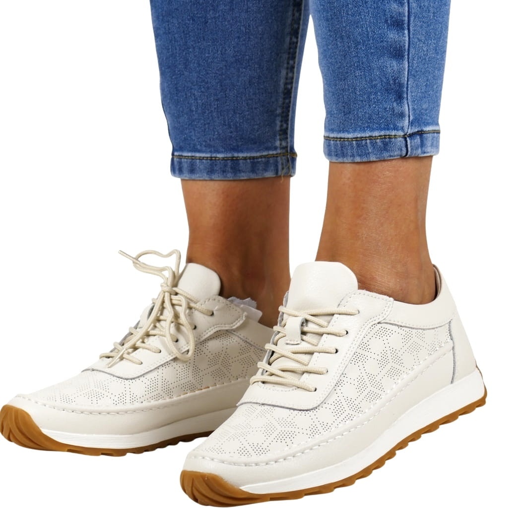 Dámské Polobotky Tenisky Ažurové Kožené Béžové Měkké Pohodlné New 40