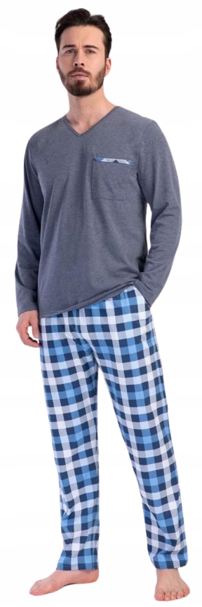 Klasické Pánské Pyžamo Šedé Tričko S Výstřihem Do V Kostkované Kalhoty M