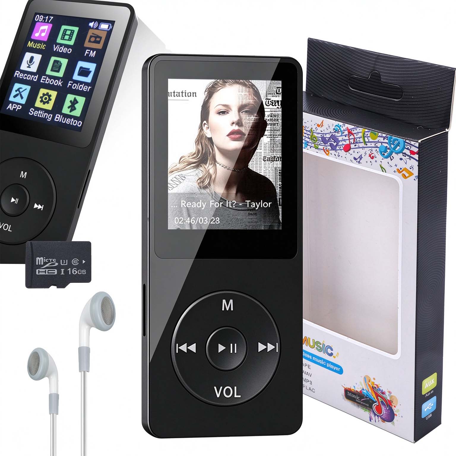 MP3 Přehrávač MP4 Bluetooth 16GB Fm Rádio Sluchátka Hifi Přenosné Menu Pl