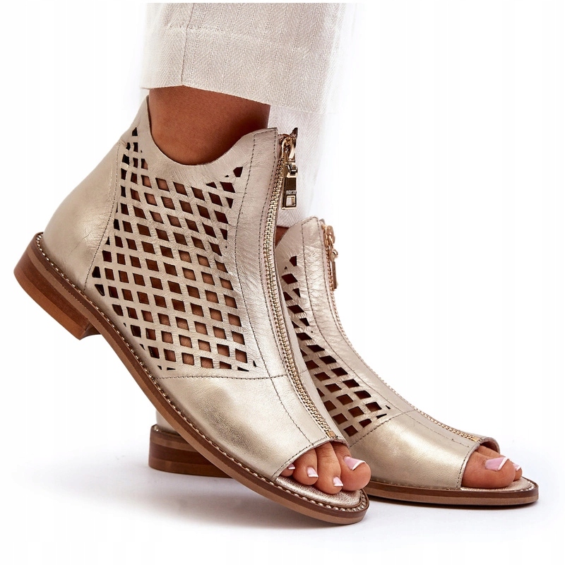 Zazoo 977/L Dámské Kožené Ažurové Sandály S Plochým Podpatkem, Zlaté, Velikost 38