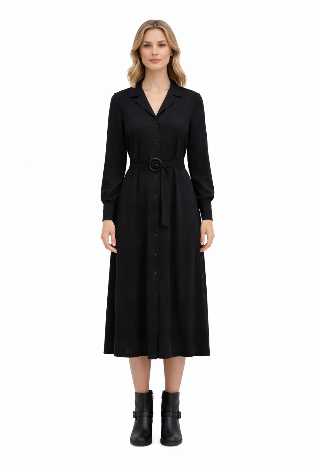 Černé Šaty Z Viskózy S Dlouhým Rukávem, Velikost XL 1I3A