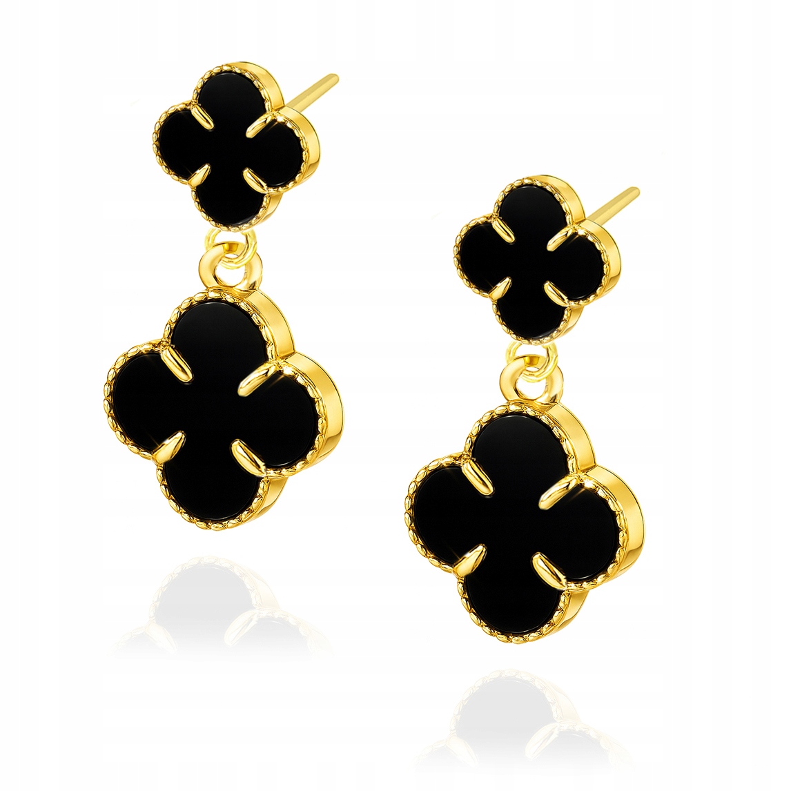 Zlaté náušnice s puzetou, dva čtyřlístky, černý onyx, stříbro Ag 925