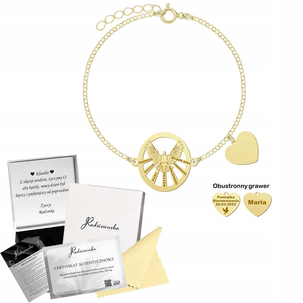 Zlatý náramek Duch svatý 925 Srdce Dárek Biřmování Gravírování Bonus