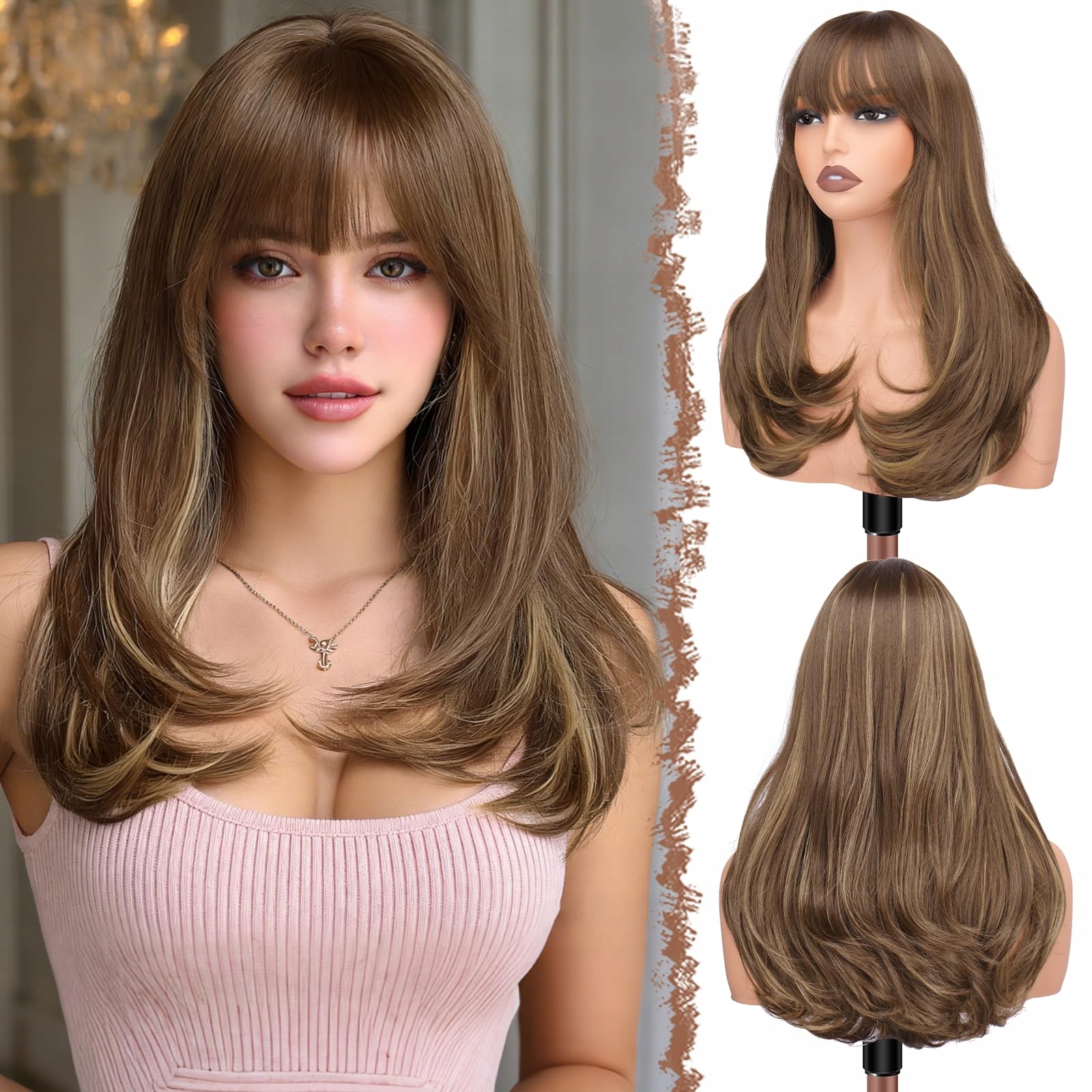 Paruka Feshfen dlouhá s ofinou hnědá blond 45 cm syntetická