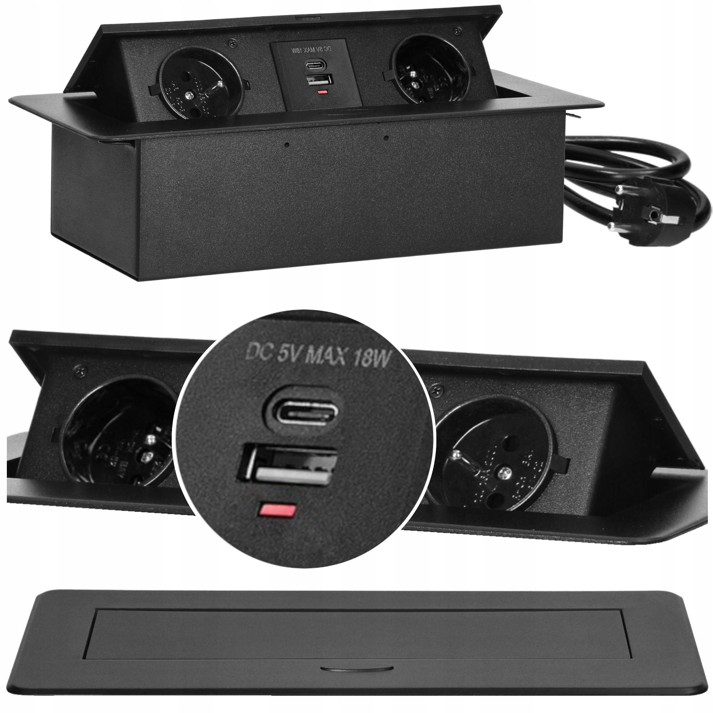 Gniazdo Chowane Wpuszczane W Blat Nablatowe 2x 230V Z Ładowarką Usb-c 1,5m