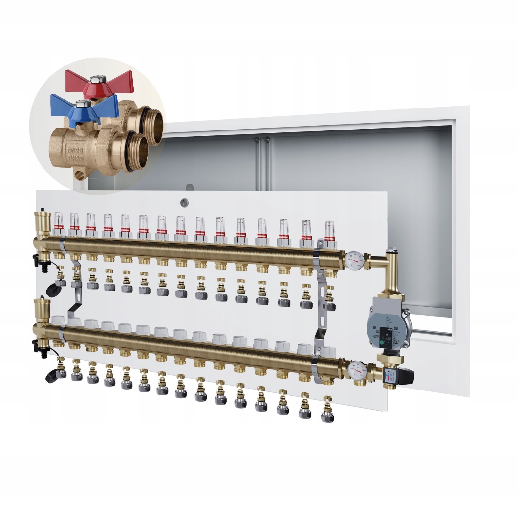 Rozdělovač podlahového vytápění 15 skříňka pod omítku+WILO+PEX+KULOVÝ Ventil