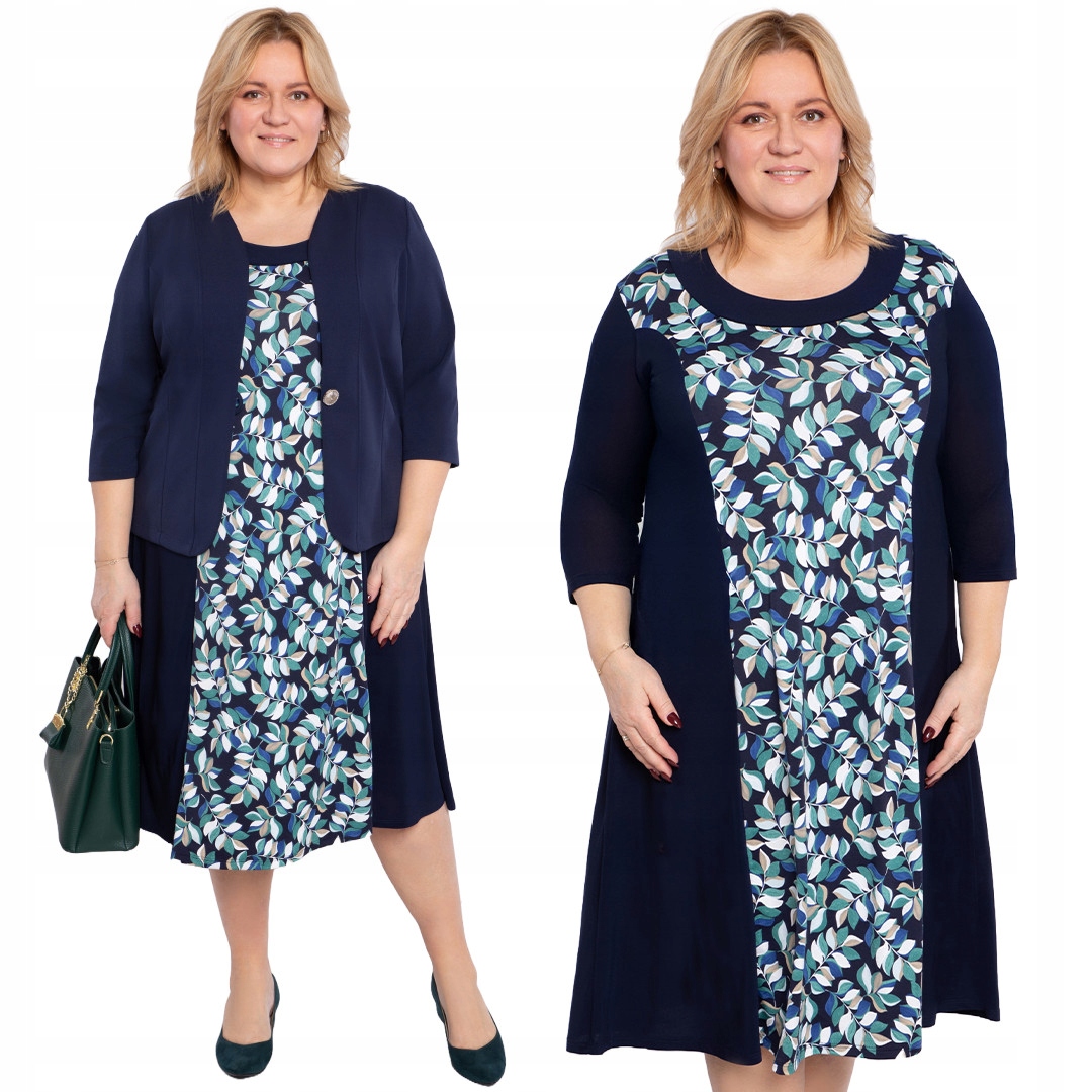 Tmavě modrá šaty se zelenými listy 60/62