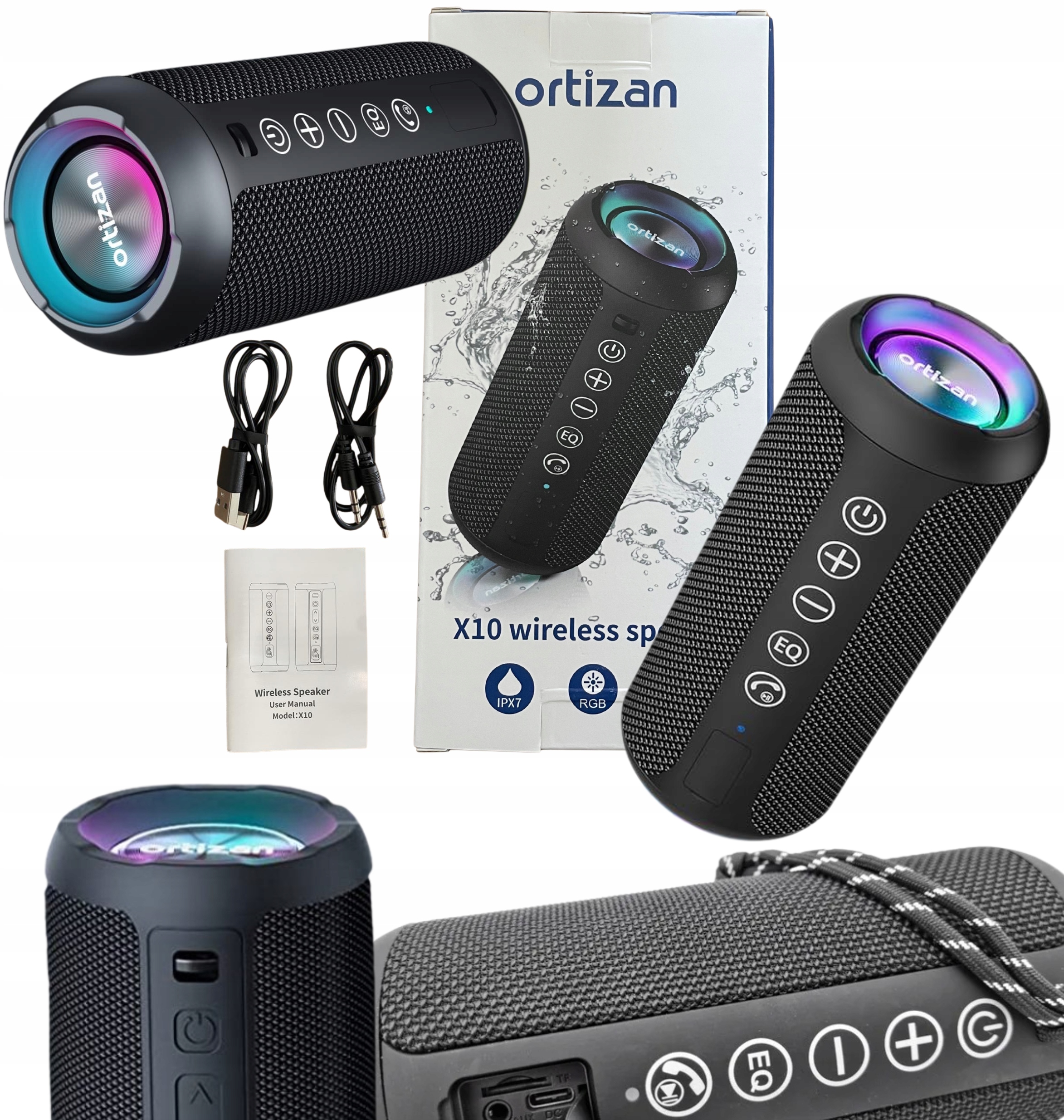 Mobilní reproduktor Ortizan X10B Bluetooth Černý IPX7 Rgb Led 30h Bass Tws