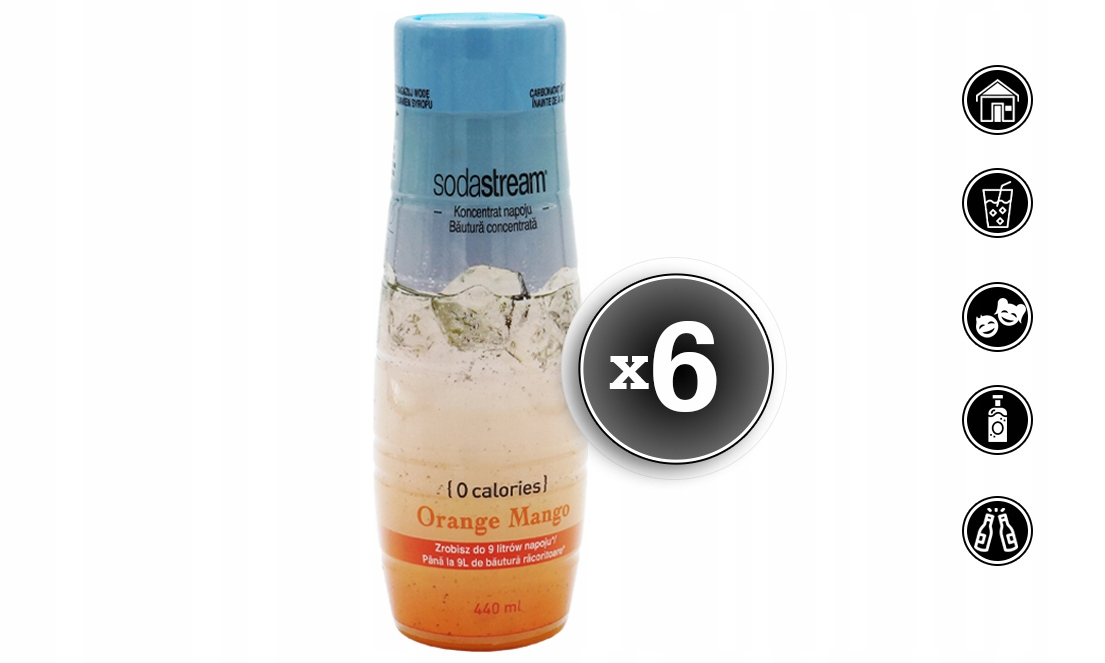 6x SYROP SODASTREAM KONCENTRAT POMARAŃCZA MANGO ZERO 9L NAPOJU z 440ml Stan opakowania oryginalne