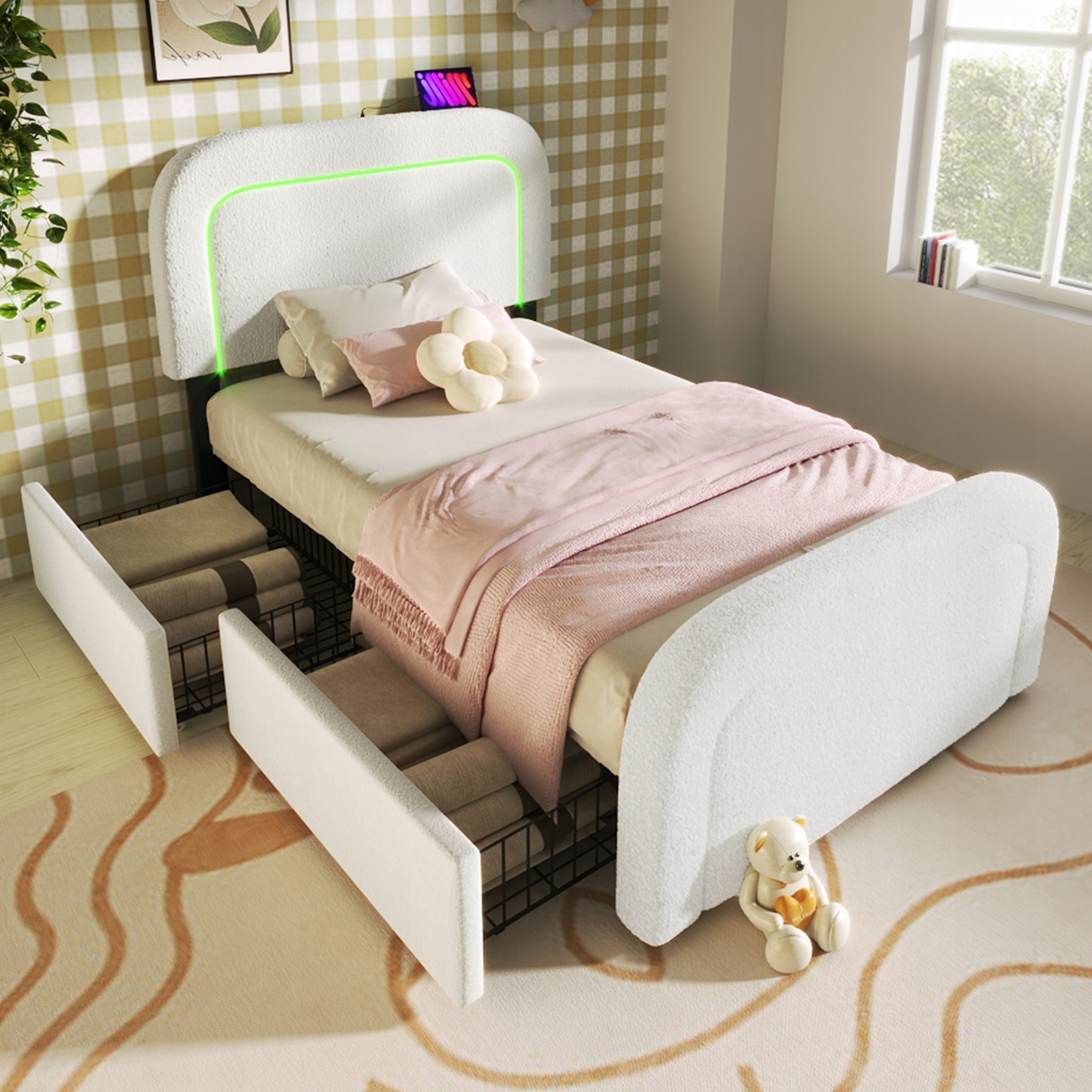 Led jednolůžko čalouněné 90 x 200 cm Usb typu C 2 zásuvky Matrace
