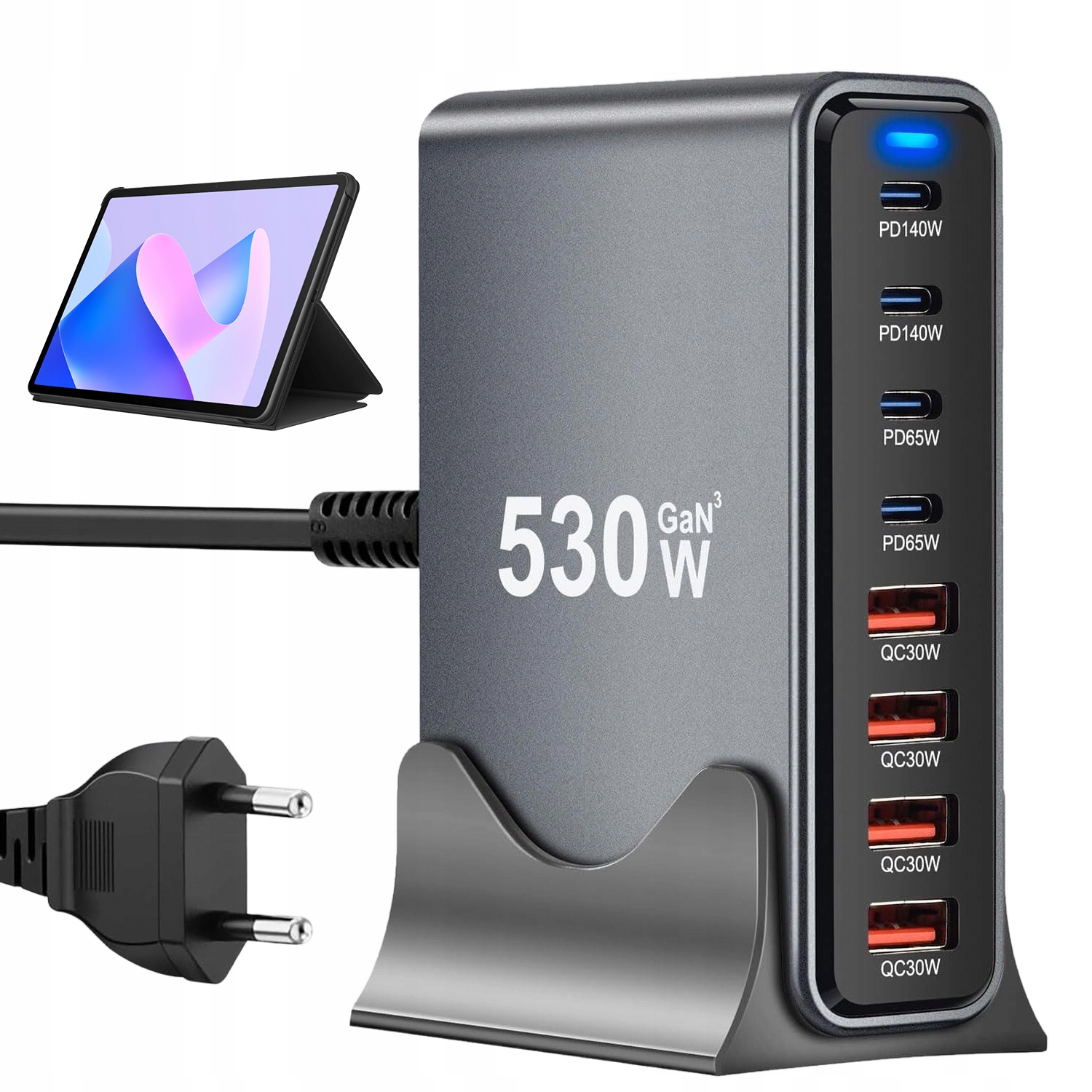 Stacja Ładowania 530W Gan 8 Portów Usb C I Usb A Szybkie Ładowanie Pd Qc