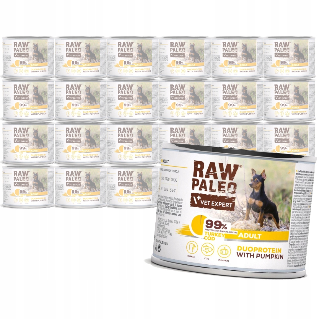 Levně Raw Paleo Adult Duo 24x200g Vlhké Krmivo pro psy s krůtím masem a treskou