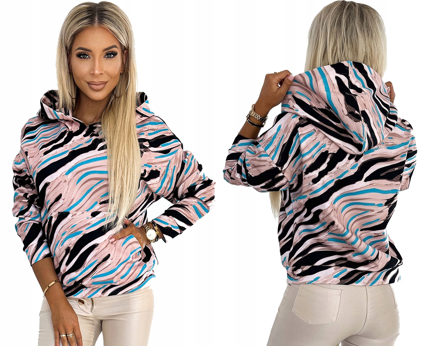 Barevná Dámská Mikina Klokanka S Kapucí Pohodlná S Pruhy Pastelové Vlny XL