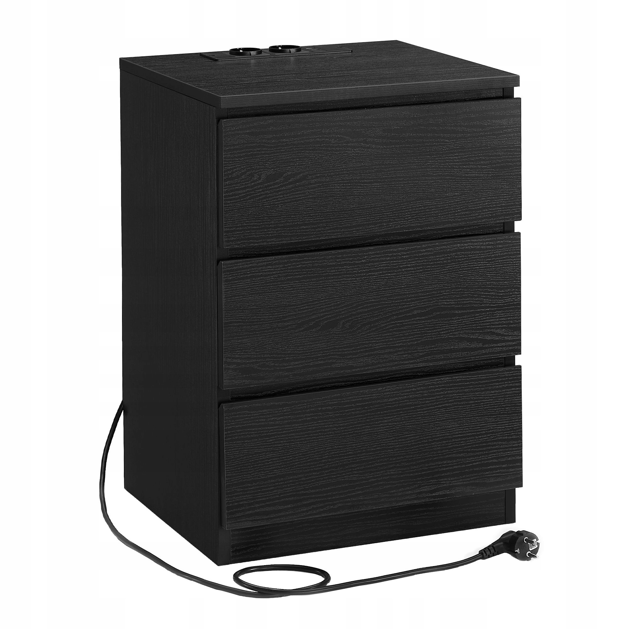 Čierny nočný stolík, 3 zásuvky s funkciou nabíjania, moderná nočná skrinka