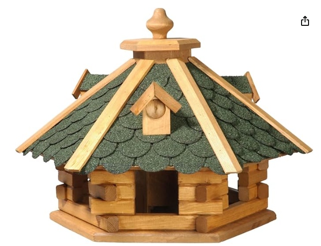 Levně Dřevěné šestiúhelníkové krmítko pro ptáky do zahrady s šindelovou střechou