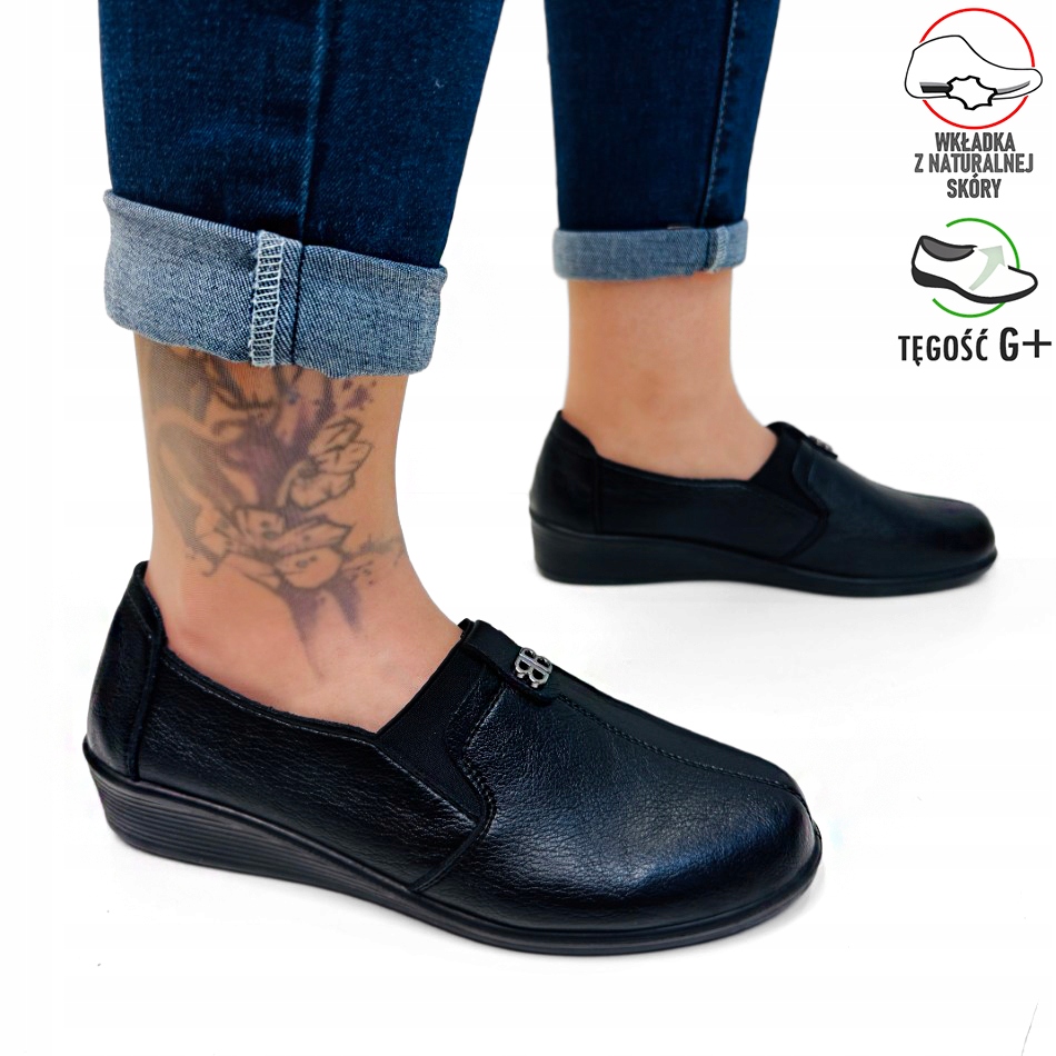 Czarne Lekkie I Miękkie Buty Na Haluksy Wyższe Podbicie Koturn Skóra Wkł 38