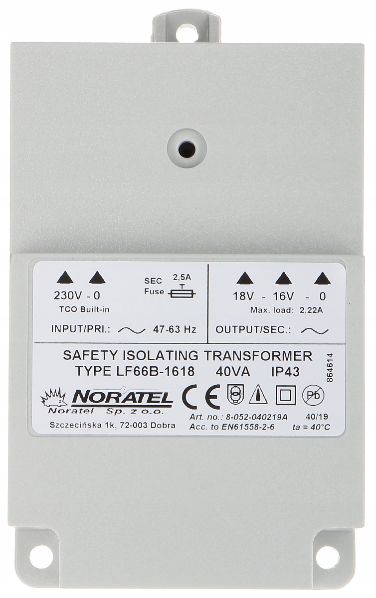 Bezpečnostní Transformátor Noratel LF66B-1618 Napájecí zdroj 16V 18V Ac 2.22A