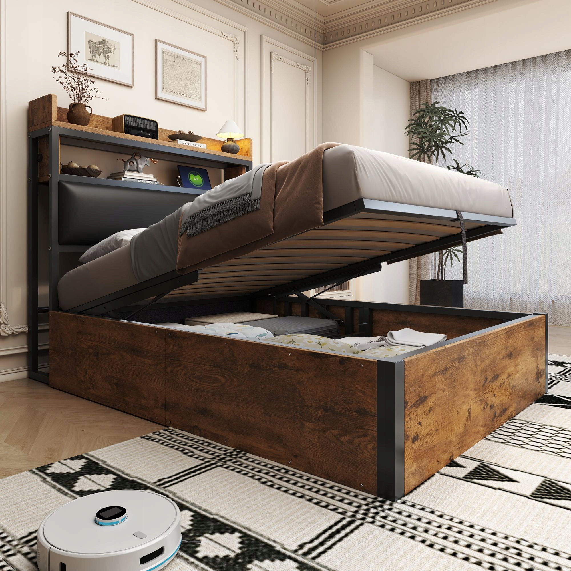 Čalouněná postel Jednolůžko Hydraulické 90 x 200 cm Usb Černá