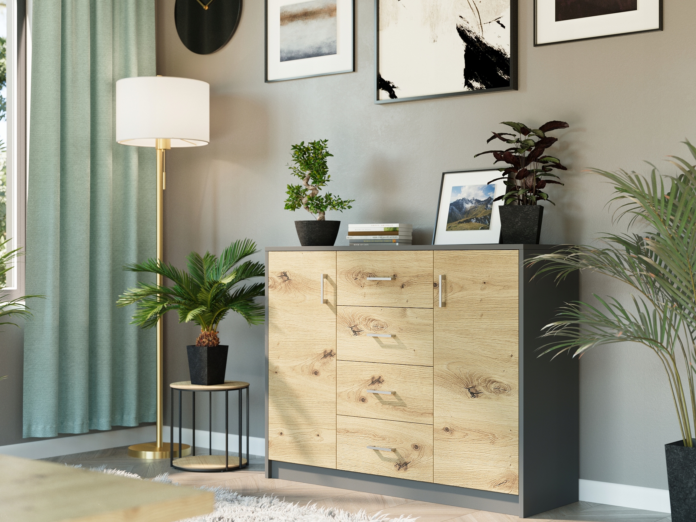 KOMODA 110CM SZAFKA 4 SZUFLADY 2 PÓŁKI U-1 ANTRACYT MIX ARTISAN