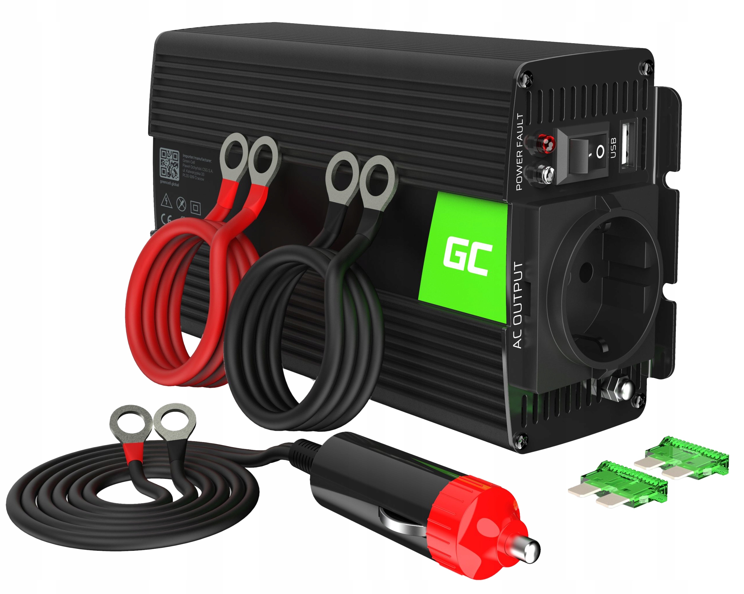 PRZETWORNICA SAMOCHODOWA AKUMULATORA 12V 230V 300W 600W GREEN CELL + USB