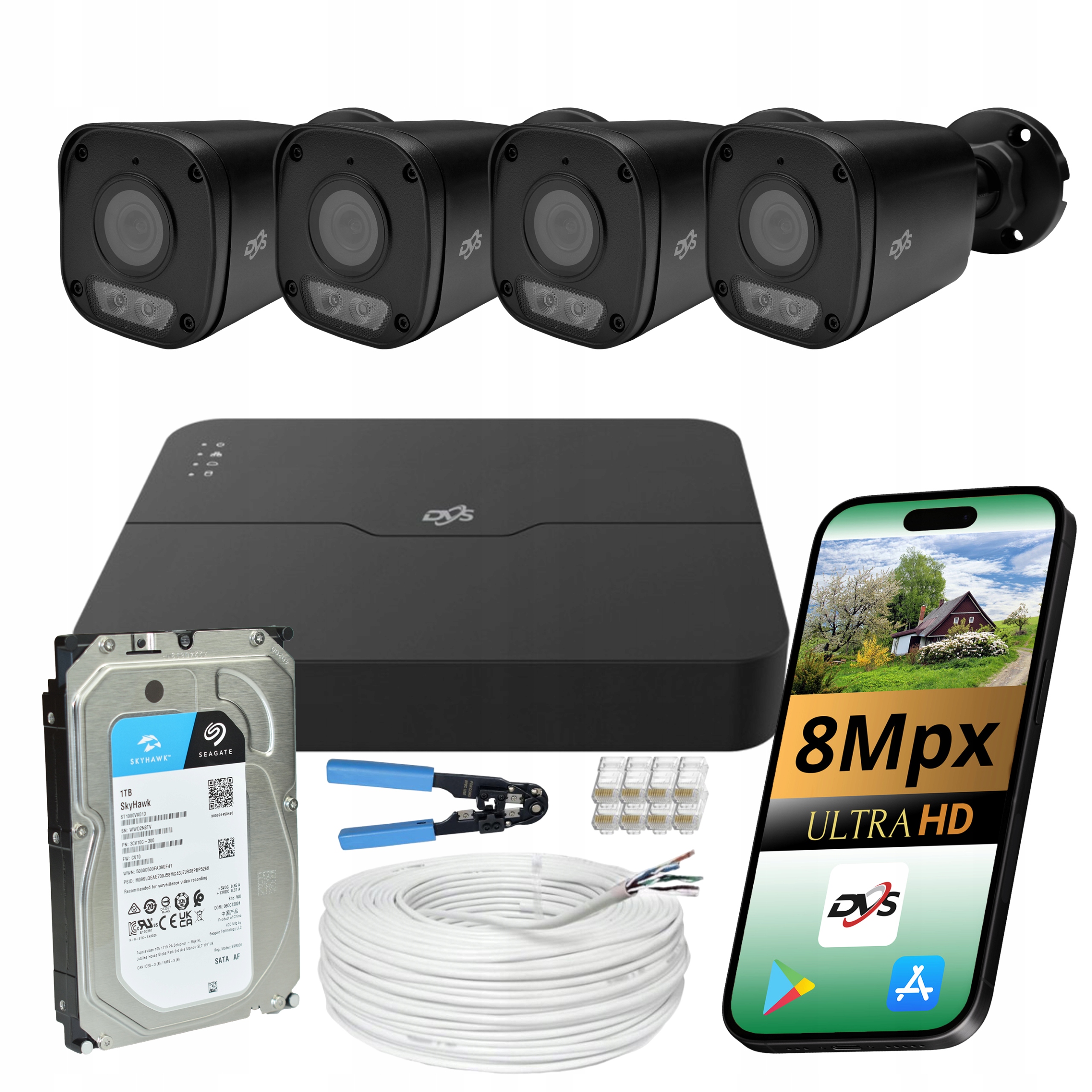 Monitorování Domu Set Dvs 4x Kamera Ip 8MPX Poe Ir Led Aplikace Disk 1TB