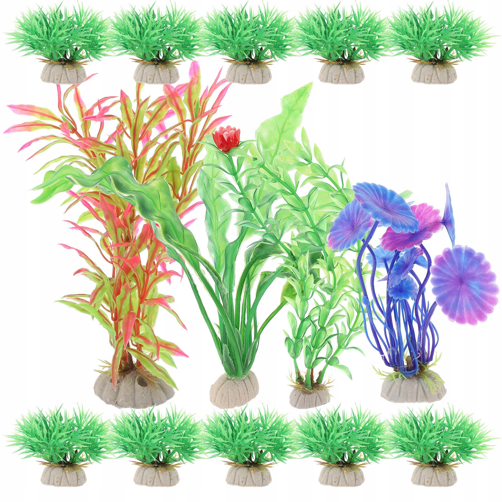 14 SZTUK DEKORACYJNYCH ROŚLIN PLASTIKOWYCH DO AKWARIUM, RÓŻNE KOLORY