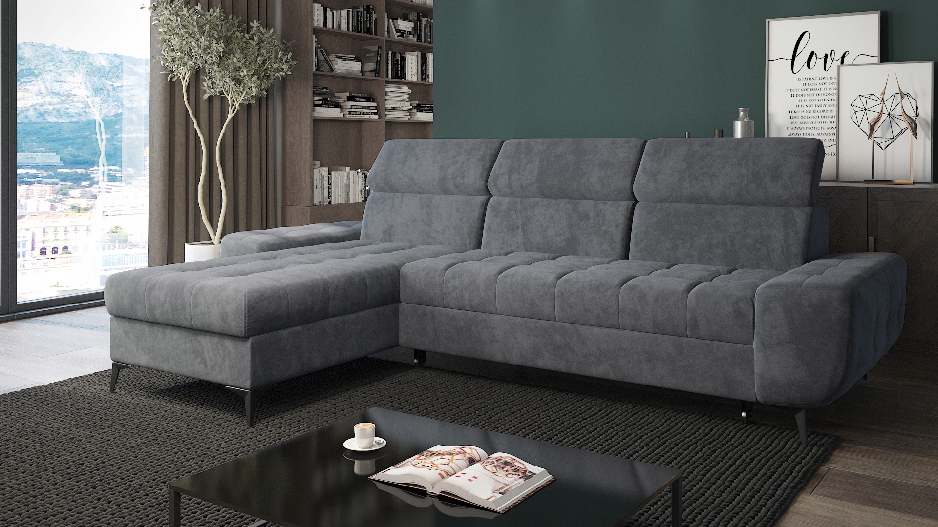 Pohodlný rohová sedací souprava s funkcí spaní Como, šedý velur na pružinách