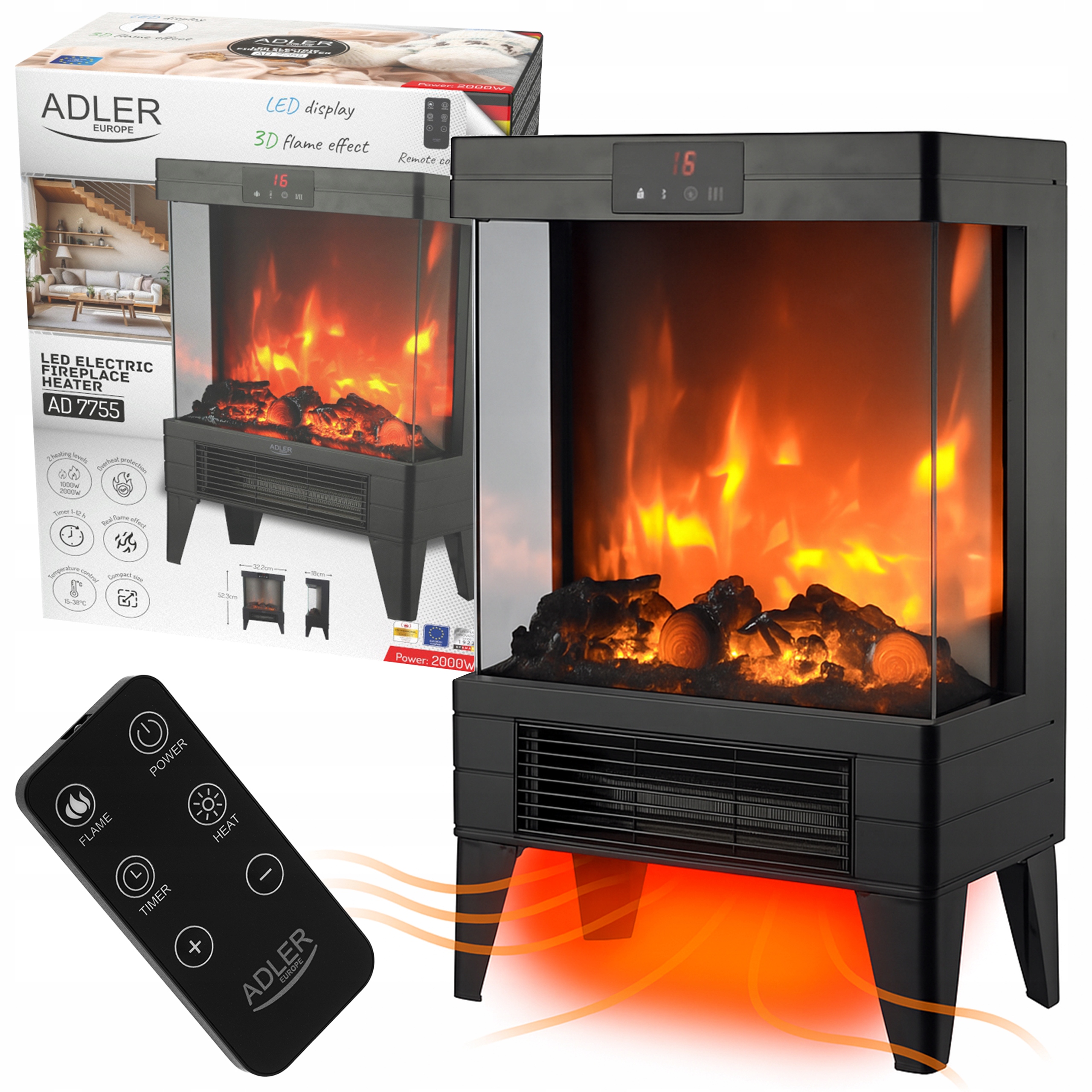 Elektrický Krb Termoventilátor Radiátor Kachle Efekt Ohňa 3D 2000 W