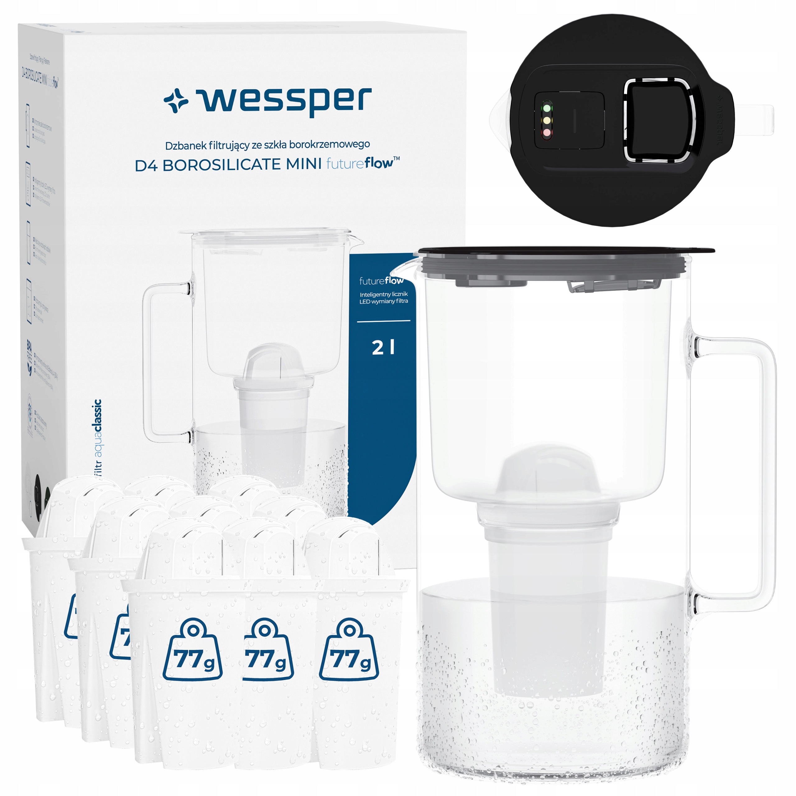 Dzbanek filtrujący szklany Wessper D4 Borosilicate Mini licznik 10x filtr