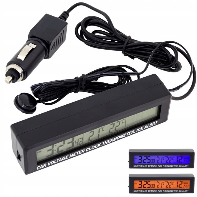 CYFROWY TERMOMETR SAMOCHODU AUTA ZEGAR LCD 3w1 ELEKTRONICZNY Z WOLTOMIERZEM
