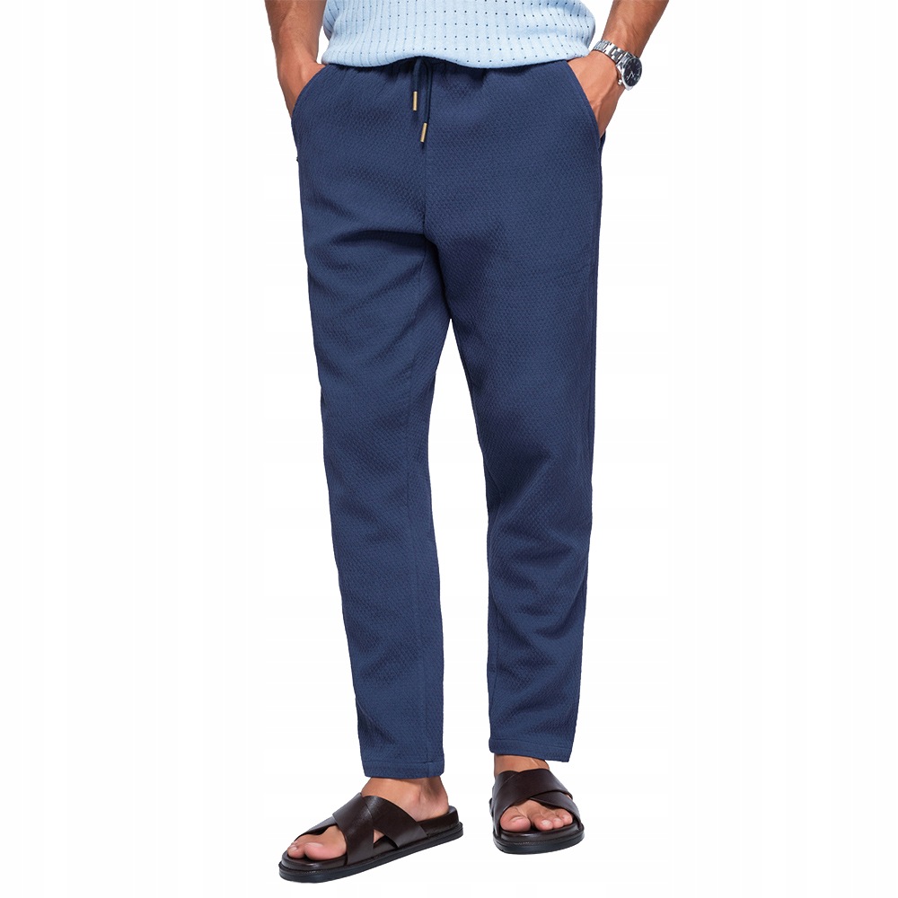 Bavlněné strukturované módní kalhoty Regular Fit tmavě modré OM-PACP-0310 L