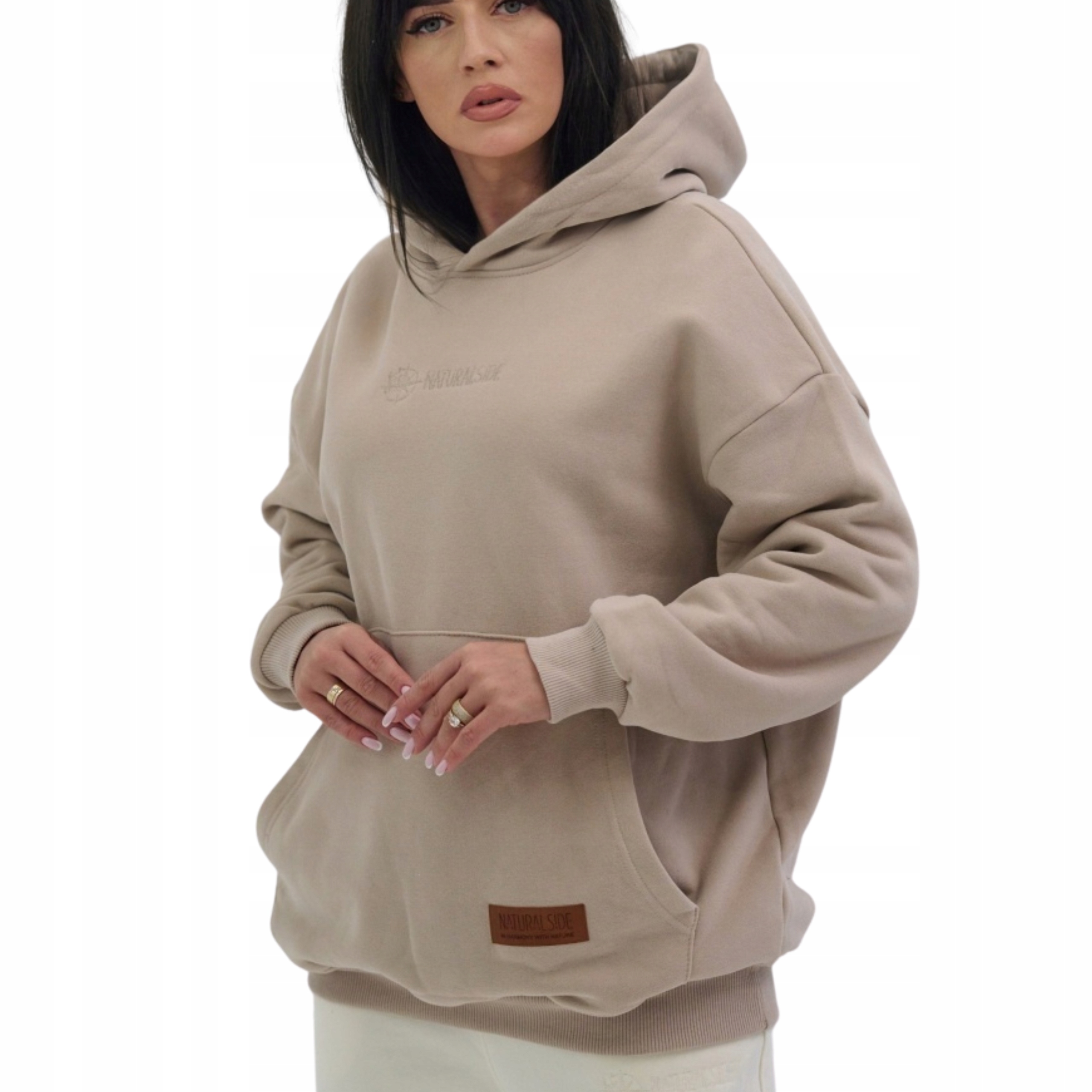 Mikina tepláková klokanka oversize s kapucí Premium béžová Velikosti