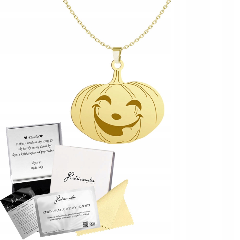 Zlatý náhrdelník Dýně na Halloween Řetízek Stříbro 925 Dárek Gravírování
