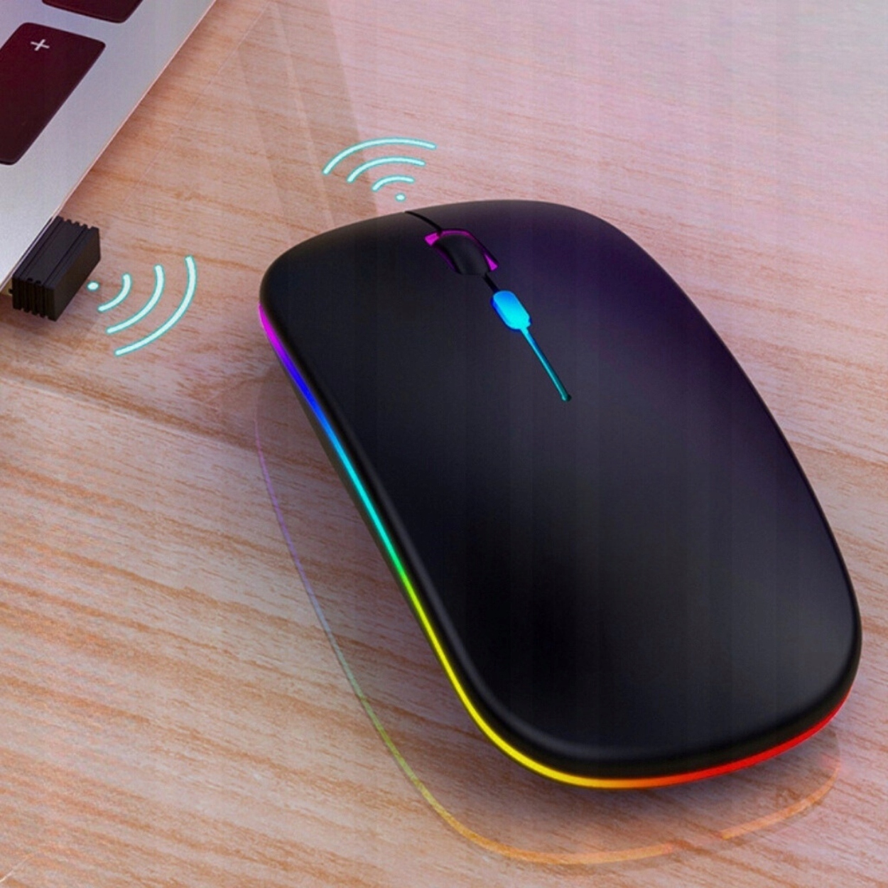 LEKKA CICHA MYSZKA BEZPRZEWODOWA LED RGB MYSZ DO LAPTOPA KOMPUTERA BIURA Zasilanie myszy akumulatorowe USB