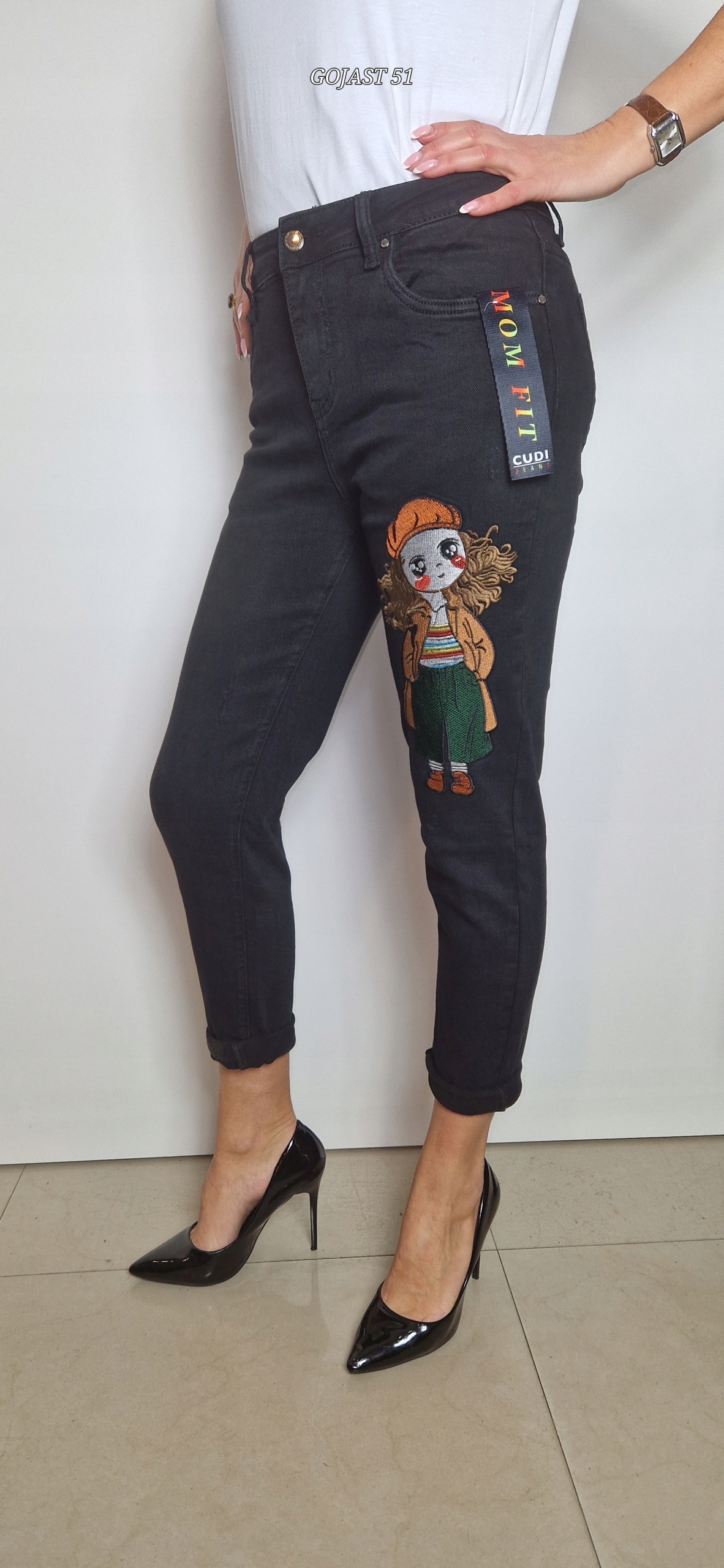 Spodnie Damskie Jeansowe Klasyczne Czarne Rurki z Haftem Marka inna